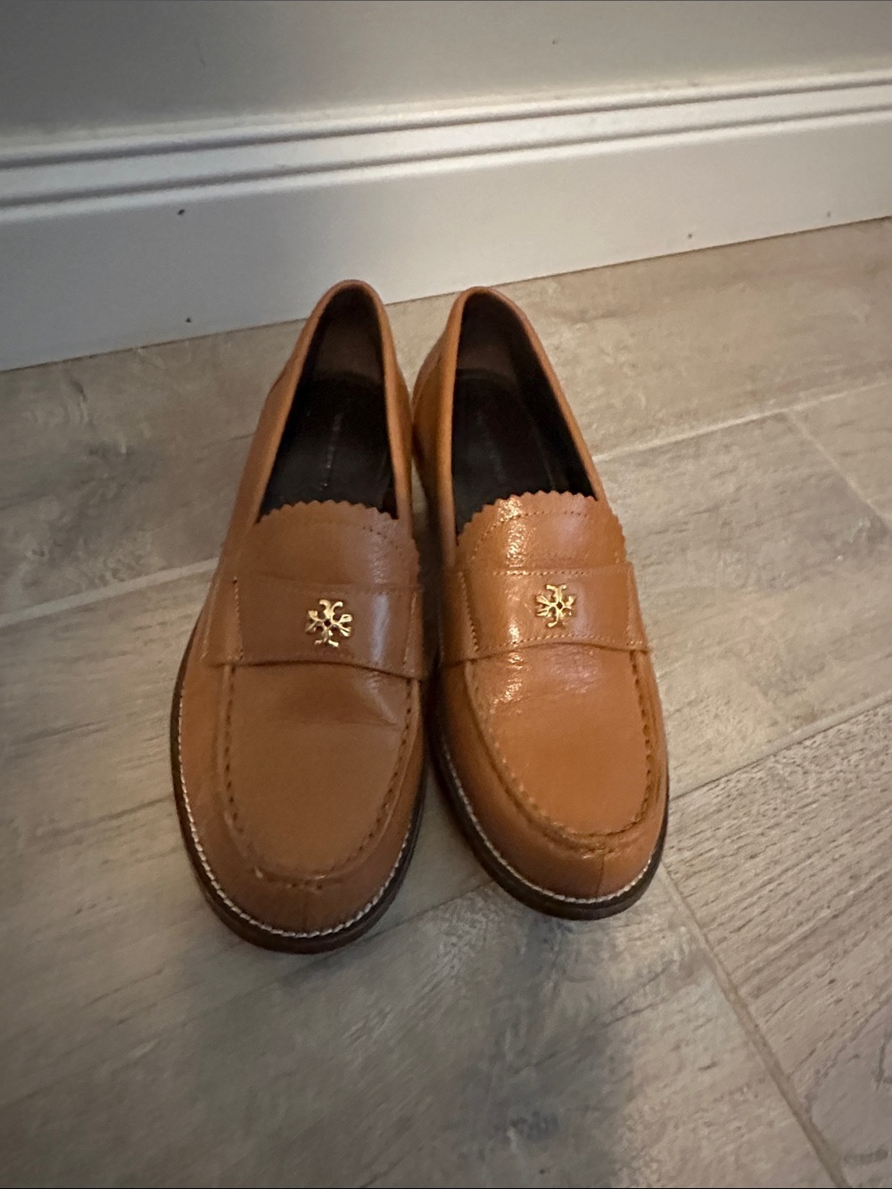 Tory Burch Cognac Leather Scalloped Penny Loafers with Gold Emblem